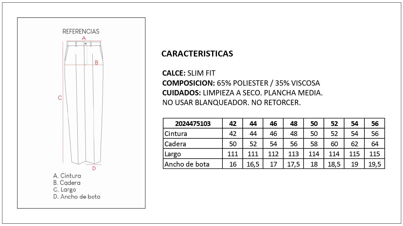 Tabla de Talles Pantal&oacute;n Sastrero Hombre Britches